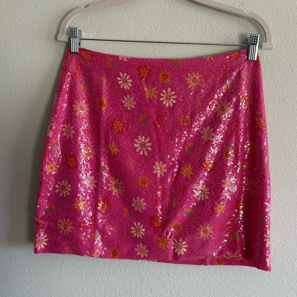 NWT Farm Rio Sequin Mini Skirt Women’s Small Pink Floral Bohemian Party - Picture 5 of 8